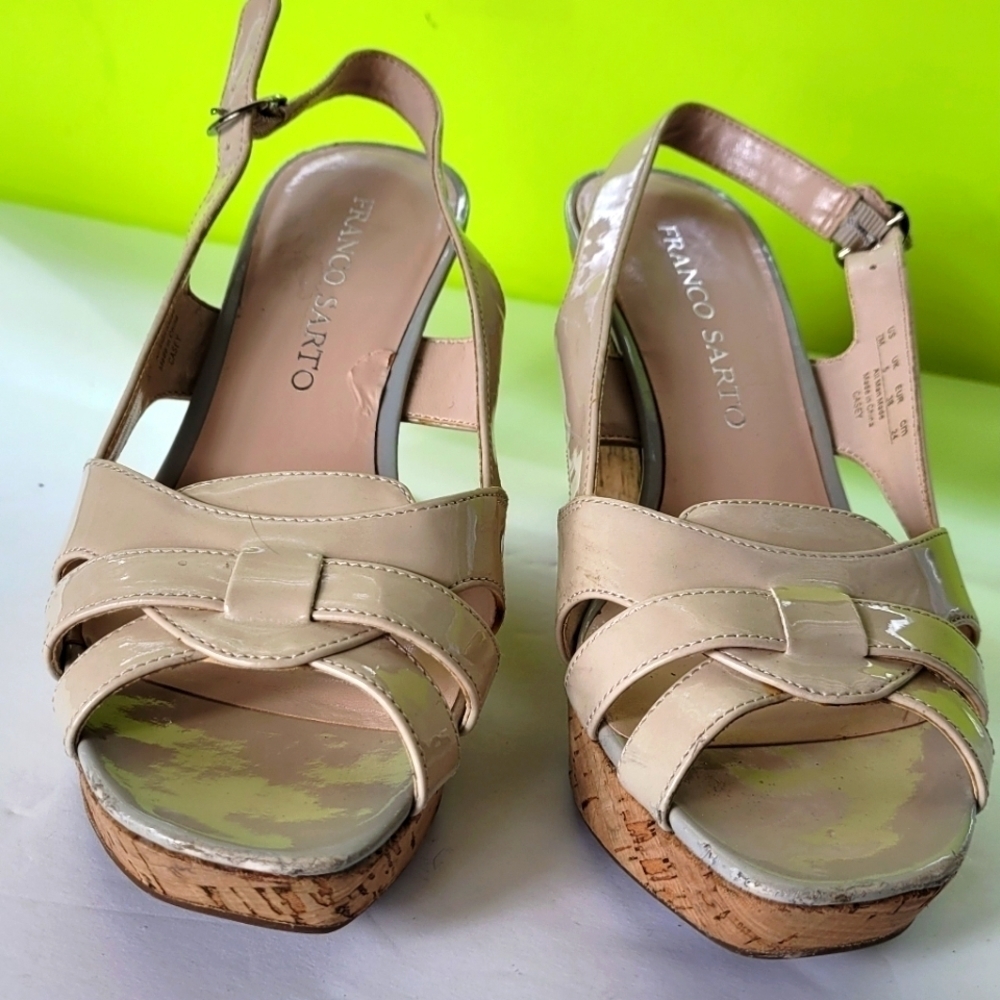 Franco Sarto Sandals Womens 7M Beige Casey Open Toe Slingback Cork Wedge Casual